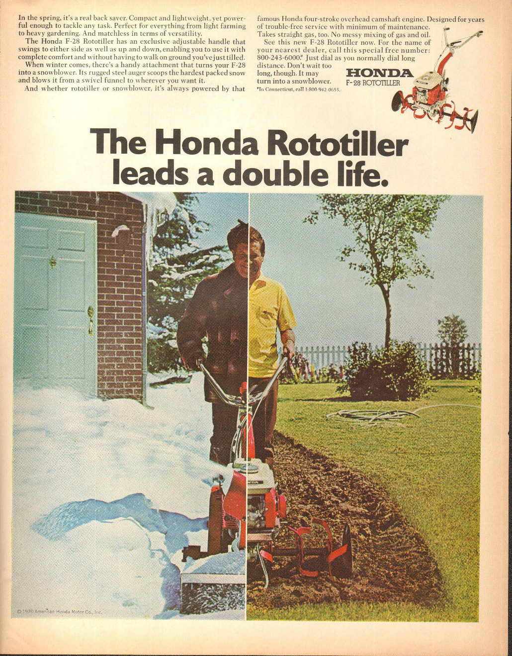1971 LARGE Print Ad of Honda F-28 F28 Rototiller Snowblower