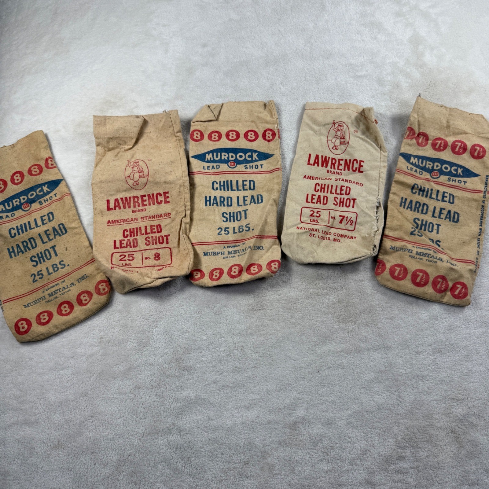 Vintage Murdock Lawrence Lead Shot Canvas Bags 25 LBS Lot of 5 Shooting Decor