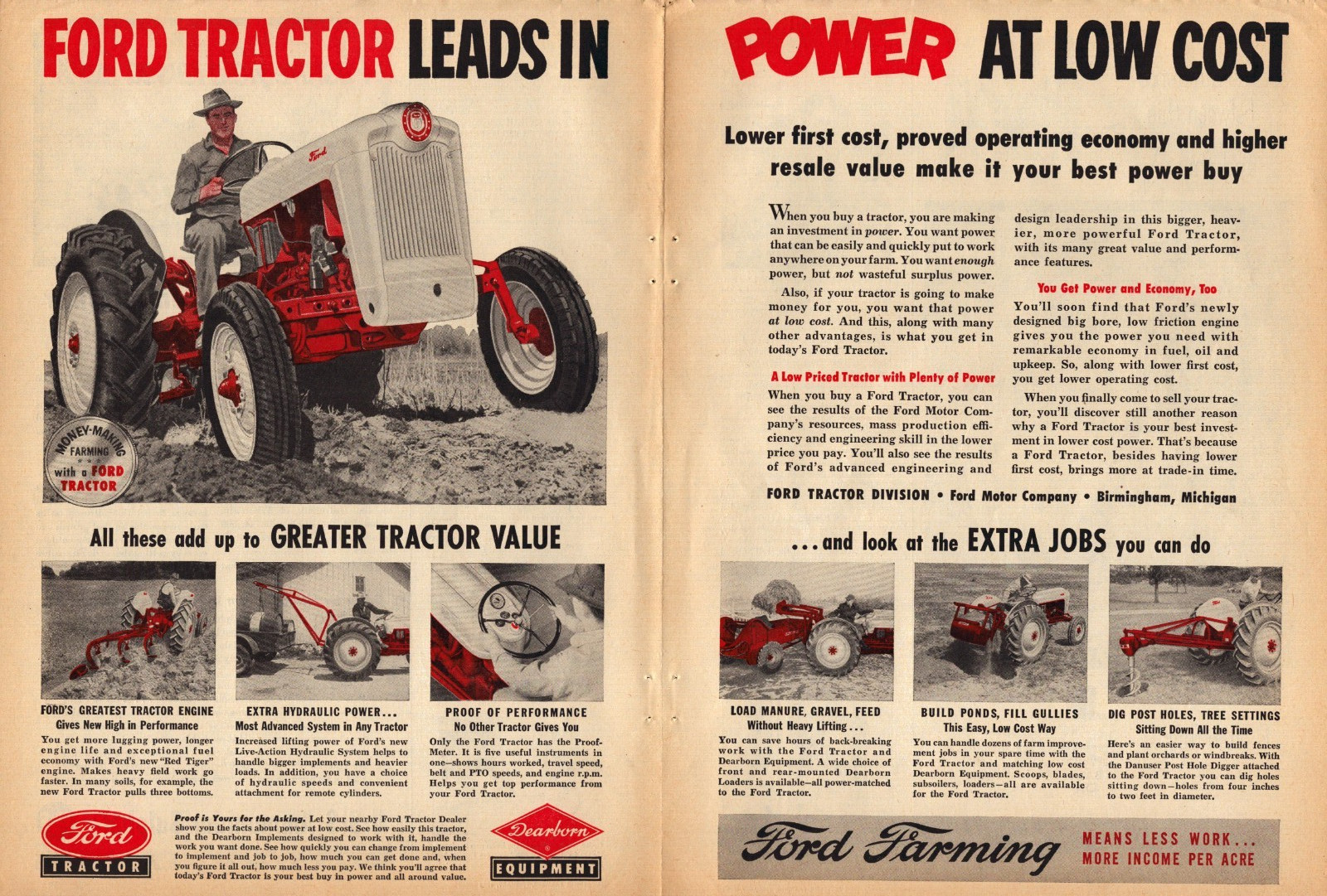 1951 Ford Tractor Dearborn Michigan Red Tiger Engine 50s Vintage 2-Page Print Ad