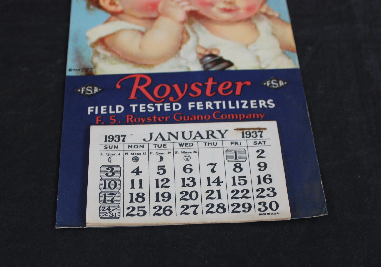 1937 ROYSTER FIELD TESTED FERTILIZERS ADVERTISING CALENDAR, FS ROYSTER GUANO CO.