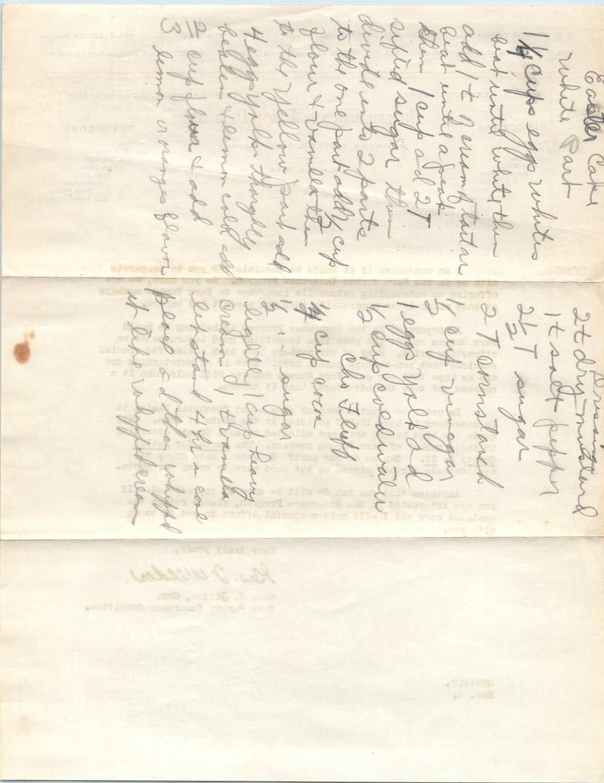 Vtg Butler County Farm Bureau Allison Iowa Letterhead Handwritten Recipe Cake IA