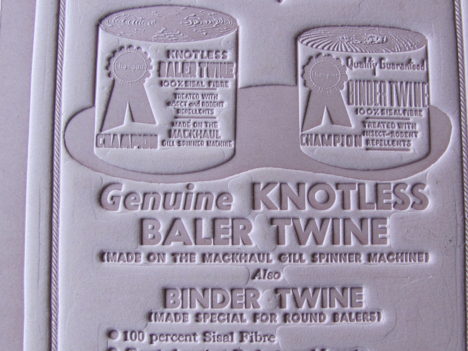 1950&rsquo;S DEALER ADVERTISING PLATE CHAMPION BALER TWINE STONE CORDAGE CHARITON IA