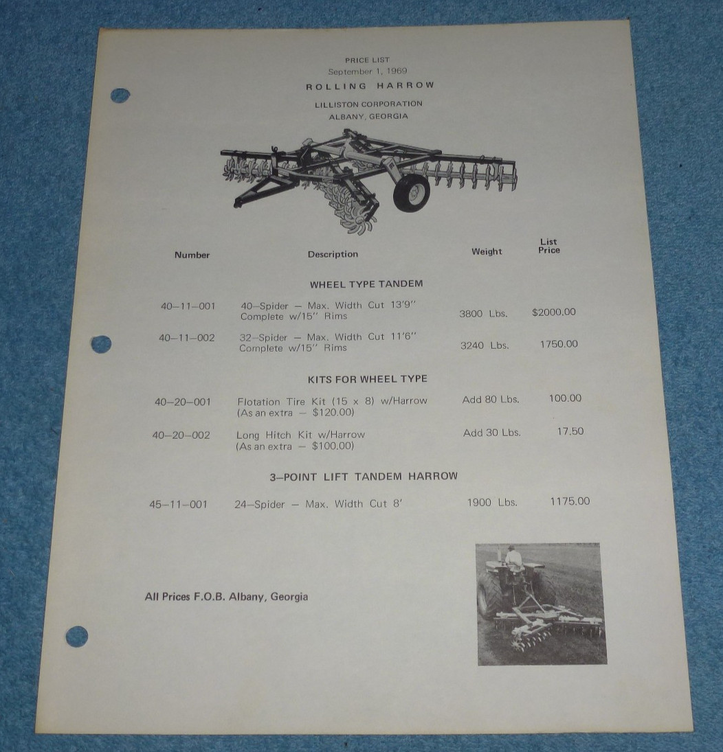 Vtg 1969 Lilliston 4000 Series Rolling Harrow Farm Equipment Brochure Price List