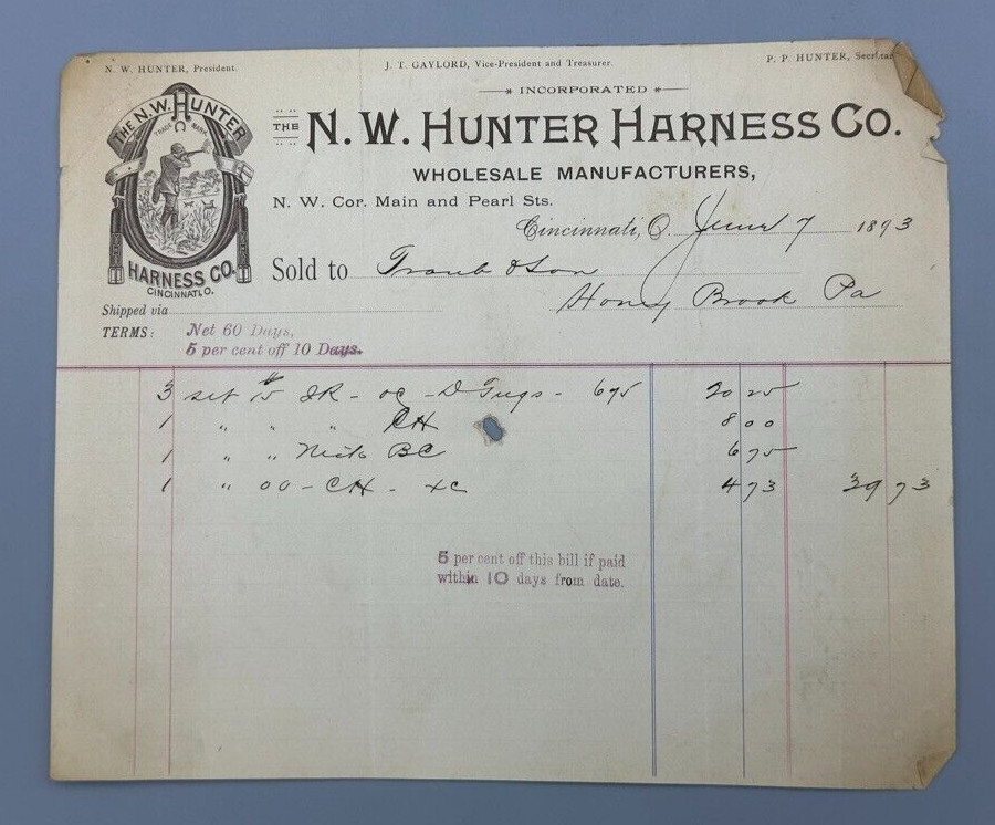 1893 N W HUNTER HARNESS Co HORSE Billhead FARM Advertising CINCINNATI Ohio