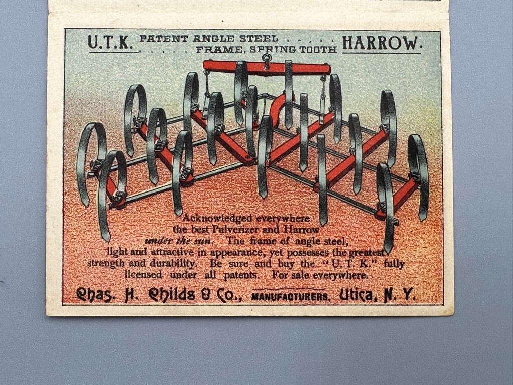 1880s CHILDS Agricultural Implement FARM Plow CARRIAGE Advertse Trade Card UTICA