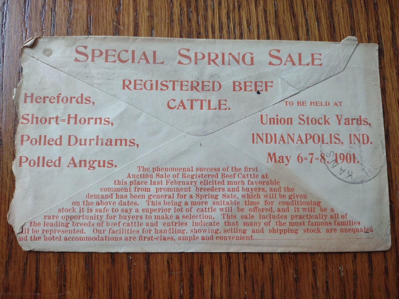 Vintage Envelope From 1901 Indianapolis Combination Cattle Sale Company