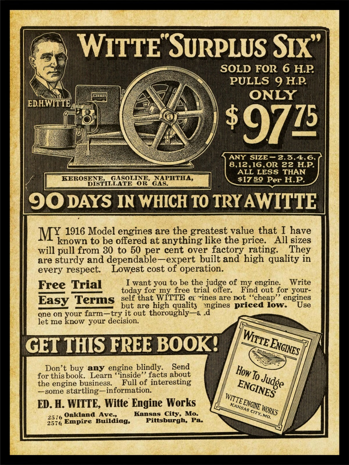 1916 Witte Engine Works of Kansas City NEW Metal Sign – 24&Prime; x 30&Prime; STEEL – 7lbs.