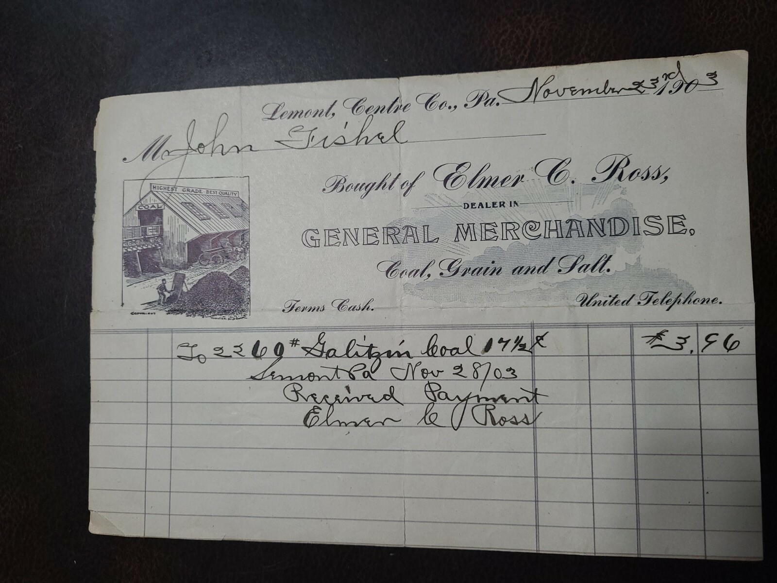 1903 Elmer Ross General Store Lemont Centre Hall Pa Receipt Coal Grain Salt