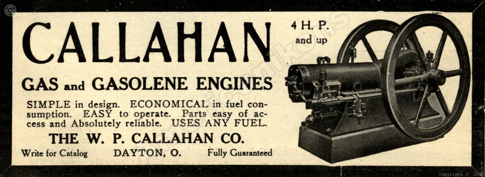 1910 Callahan Engines Dayton New Metal Sign, 12&Prime; x 36&Prime; USA STEEL XL Size – 4 lbs
