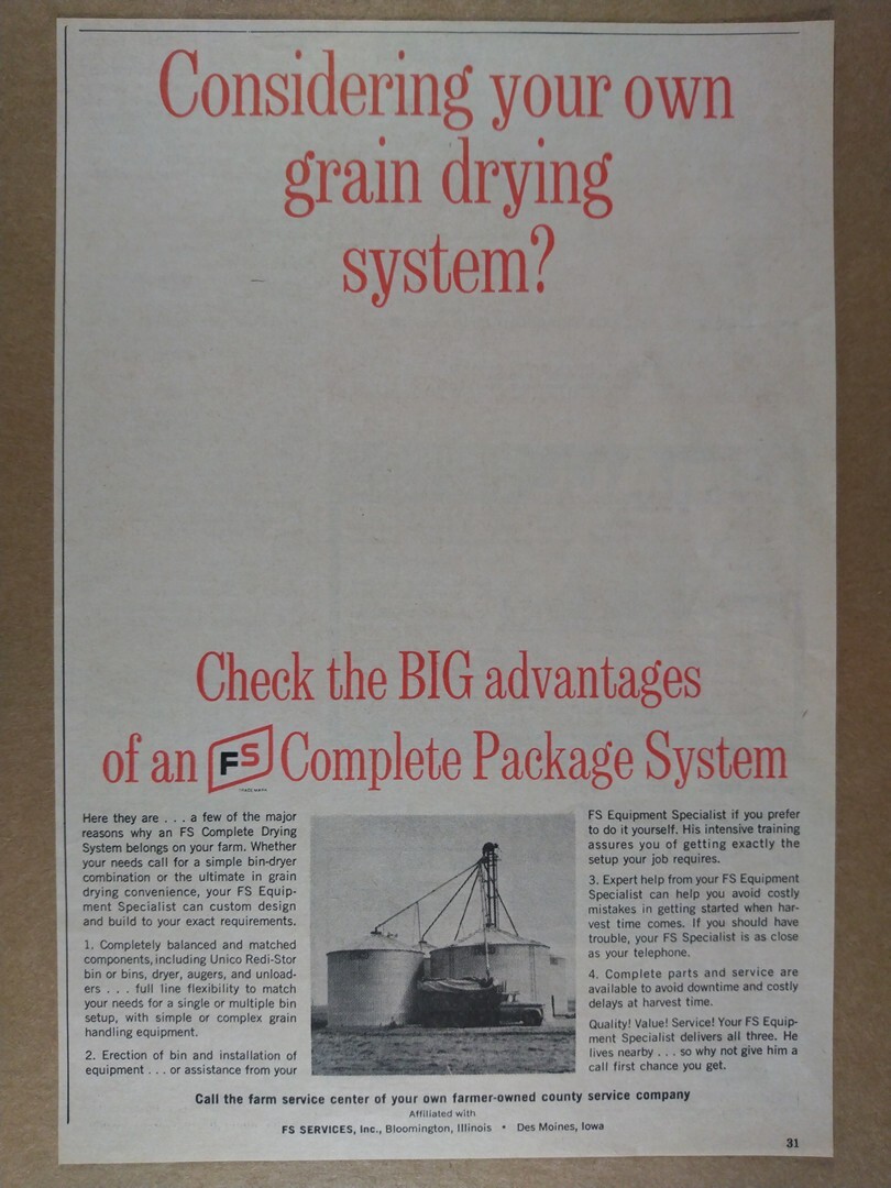 1965 FS Farm Services Grain Drying System vintage print Ad
