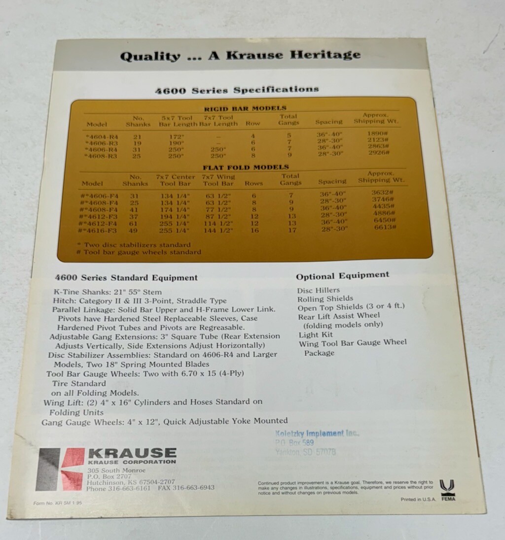 KRAUSE Row Crop Cultivators 4600 Series 1995 Brochure Dakota Dealer Stamp