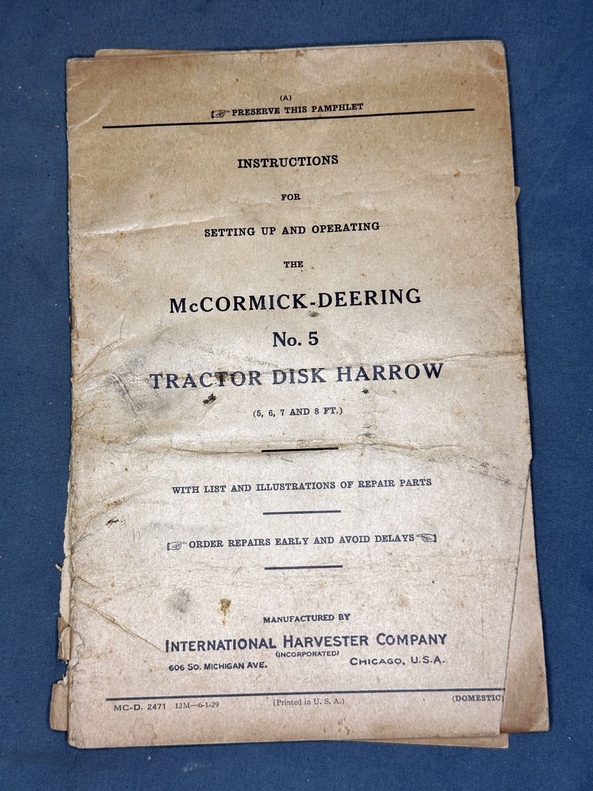 McCormick-Deering Tractor Disk Harrow No. 5 – Set Up & Operating Instructions