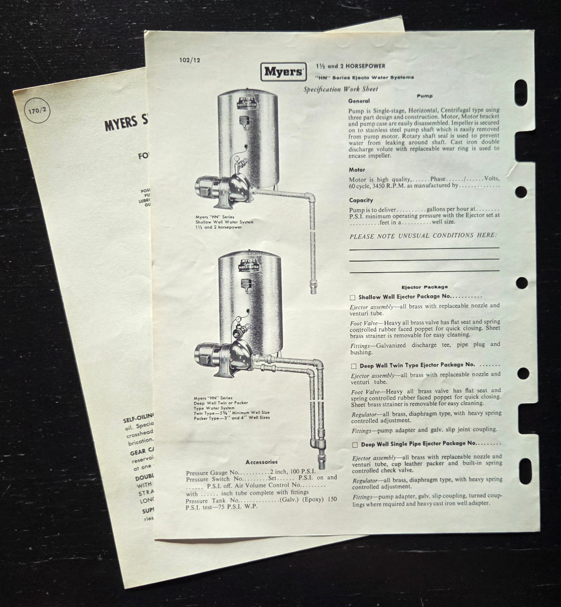 1958 2x F.E. MYERS WELL PUMP/WATER SYSTEM SPEC SHEET ADVERTISEMENT ASHLAND OHIO