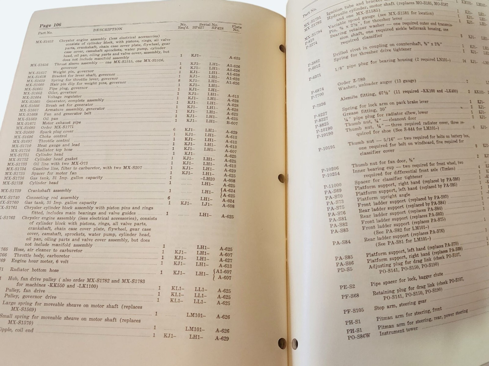Vtg 1959 Cockshutt SP427 & SP428 Harvester Combines Parts List Manual