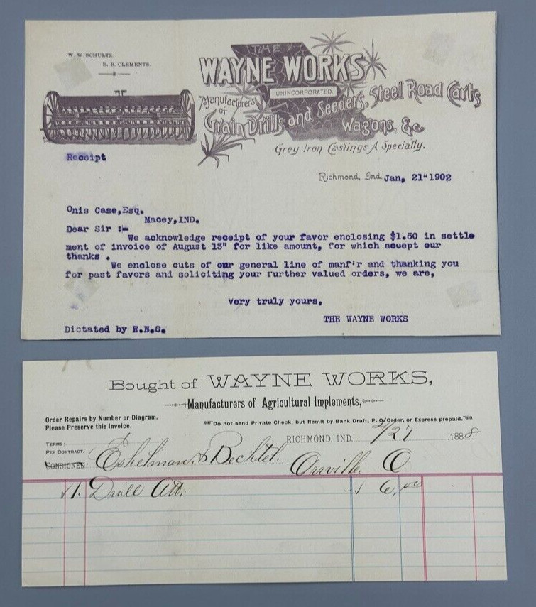 1888 & 1902 WAYNE WORKS Grain Drills Wagons FARM Advertising RICHMOND INDIANA