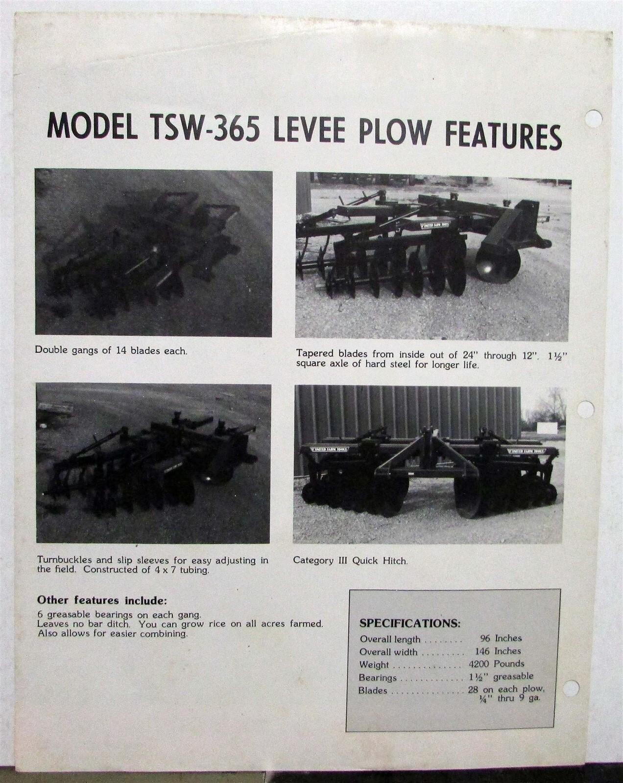 1960s United Farm Tools TSW-365 Levee Plow Specs Agricultural Sales Data Sheet