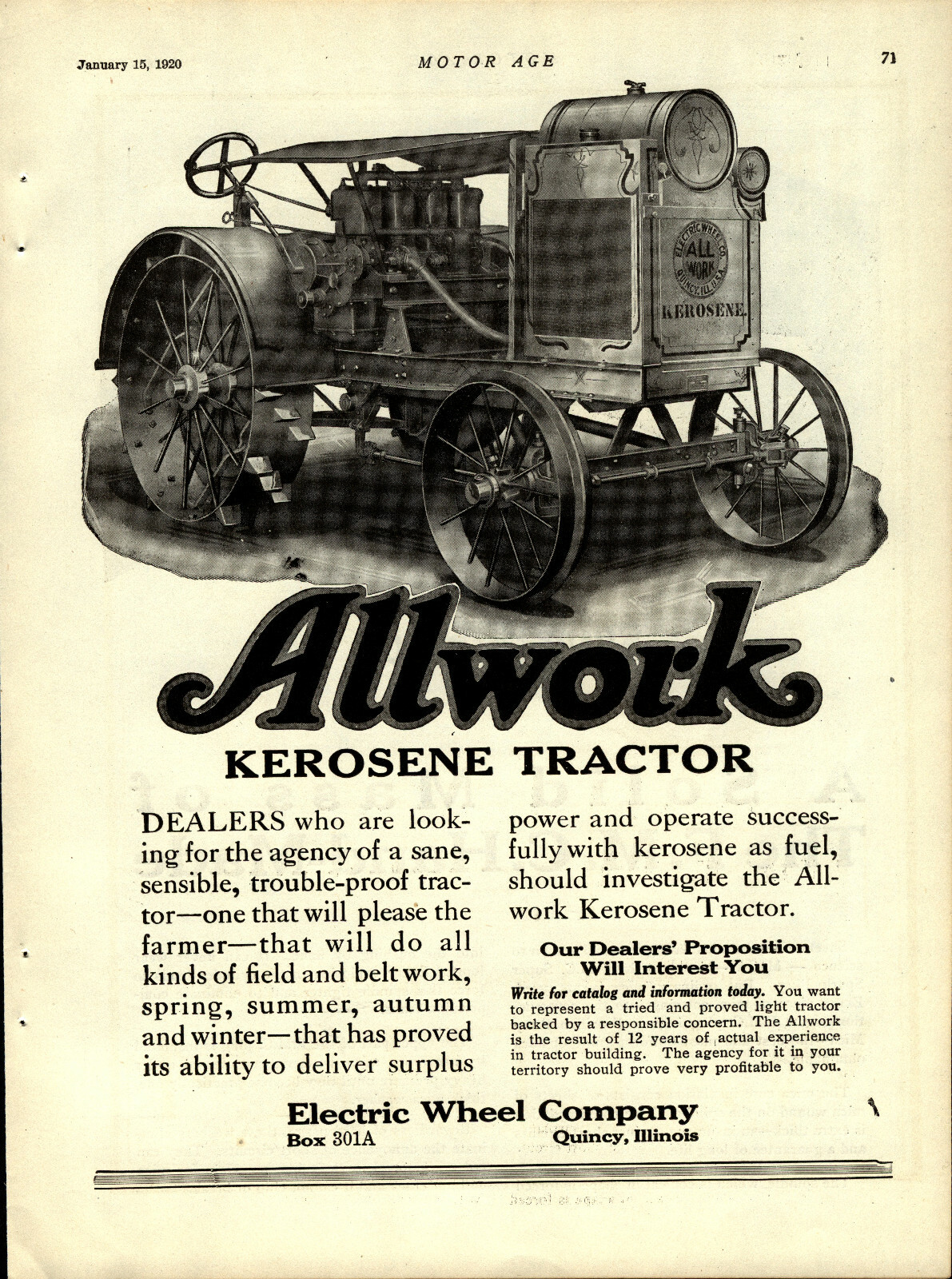 1920 Allwork Kerosene Tractors Advertisement: Electric Wheel Co Quincy, Illinois