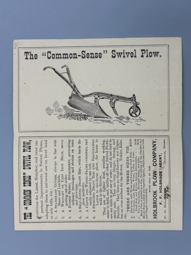 c 1900 F F HOLBROOK PLOW Common Sense Swivel Plow FARM Advertise BOSTON Brochure