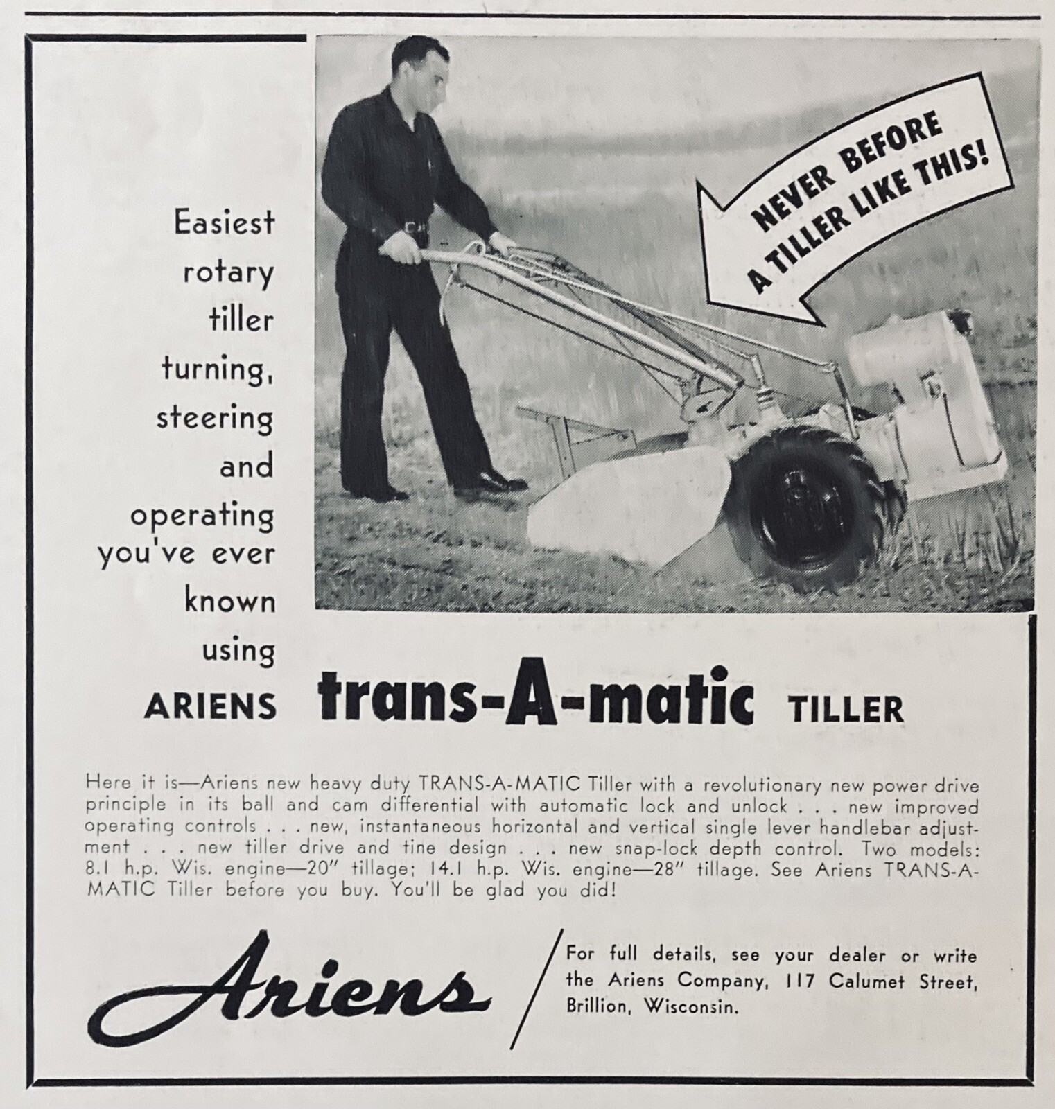 1955 AD.(XH47)~ARIENS CO. BRILLION, WIS. ARIENS TRANS-A-MATIC TILLER