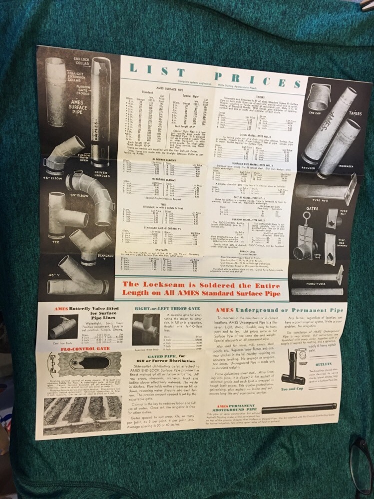 Vintage Ames Irrigate Lockseam Pipe Brochure and Price List 1930&rsquo;s-1940&rsquo;s