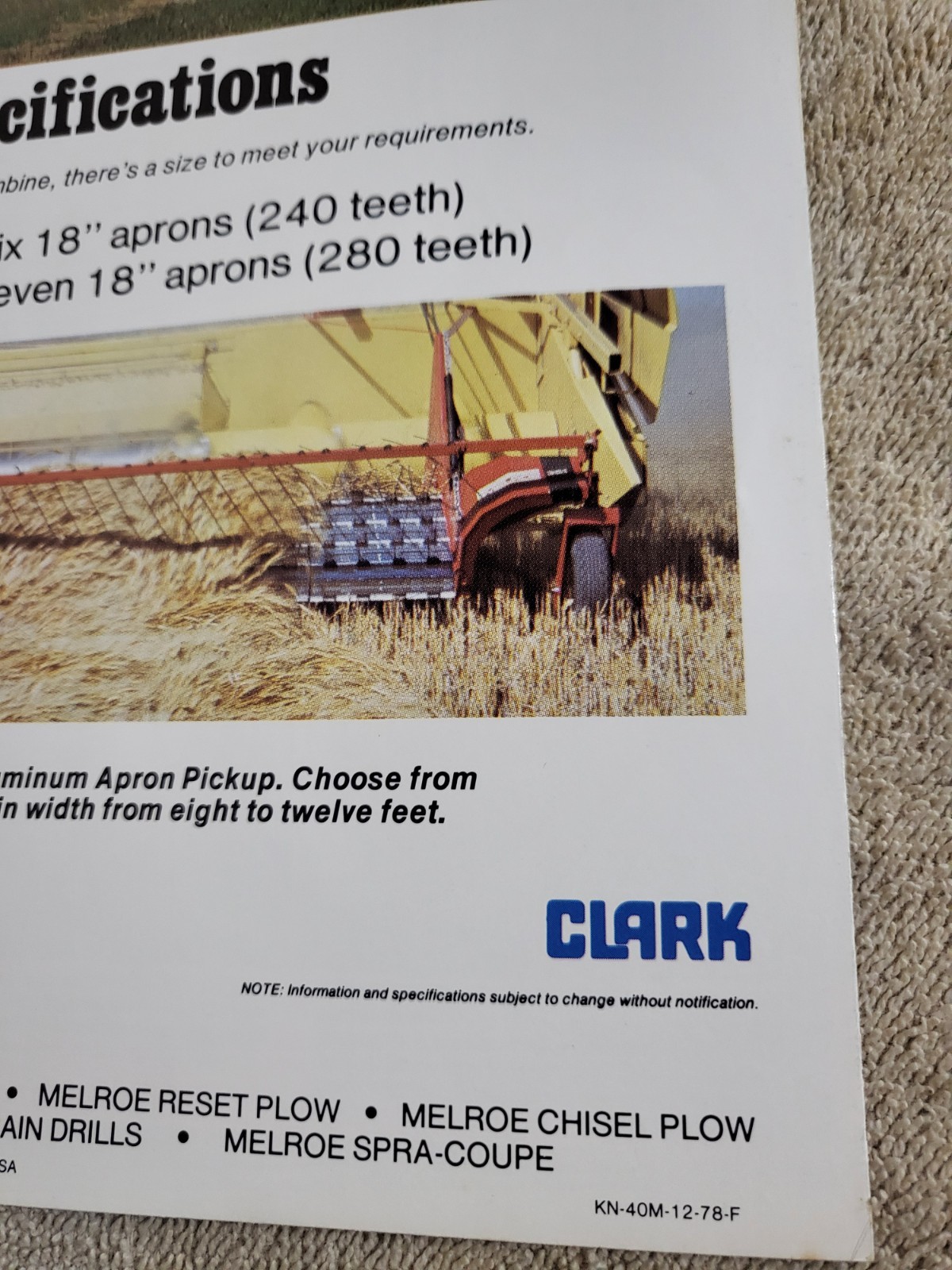Vintage 1978 Melroe Rubber Apron Windrow Pickup MF Combine Brochure Clark Ag