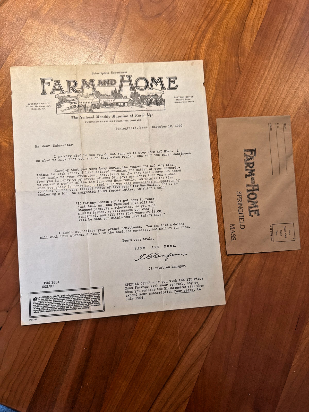 FREE SHIP! 1920 Farm and Home Subscription Letter and Original Envelope