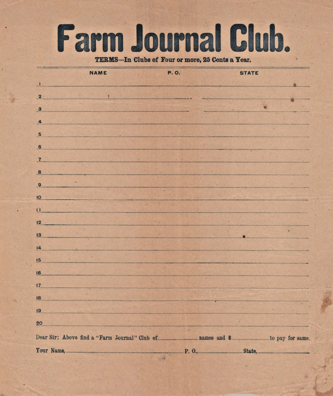 Antique Farm Journal Club Subscription Sheet Agricultural Ephemera 1840s (L3M)