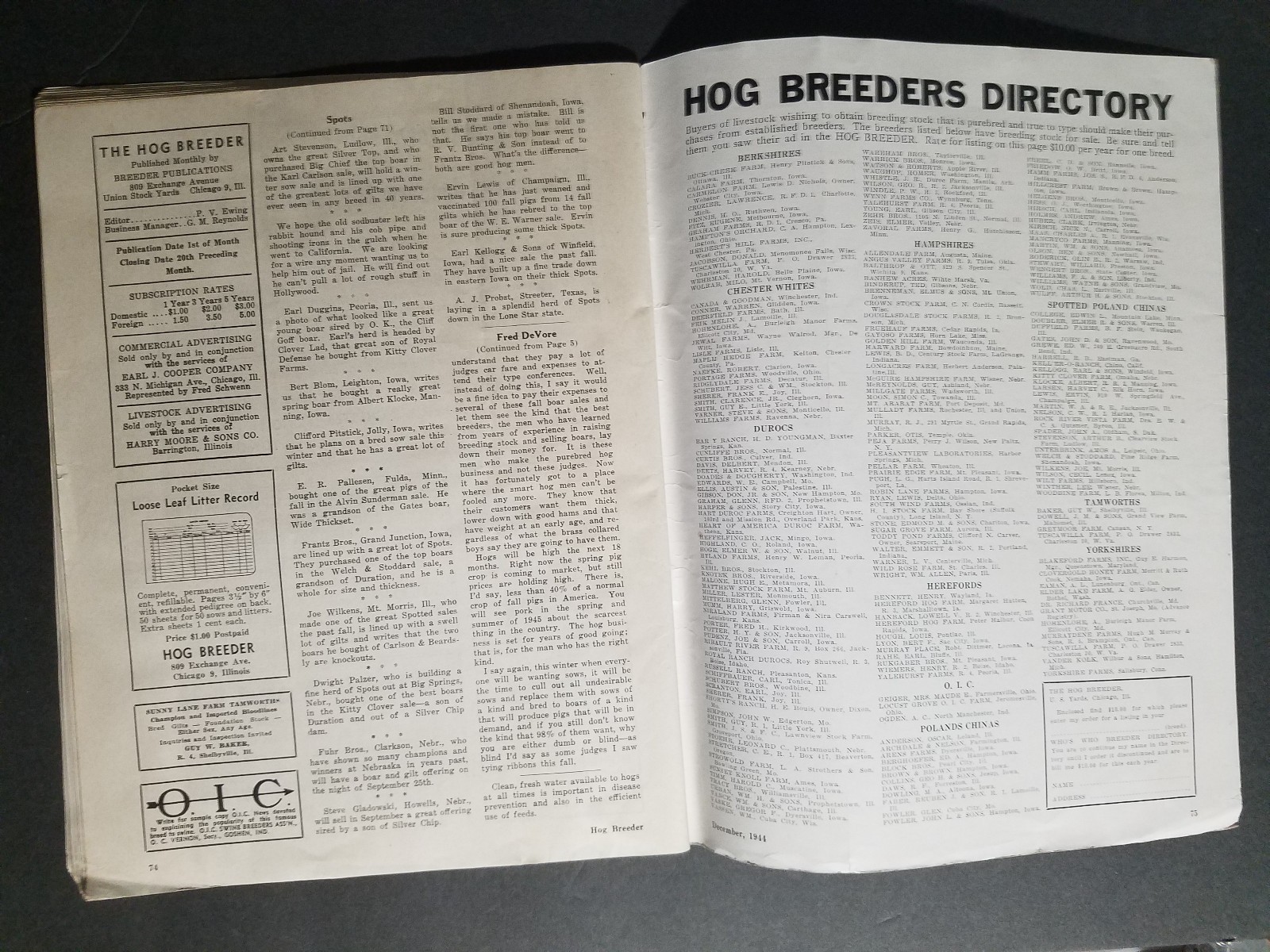 December 1944 Hog Breeder Magazine