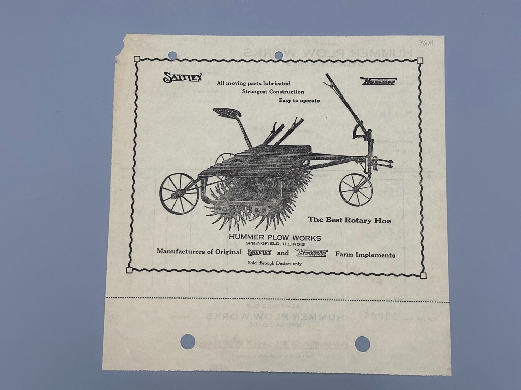 1930 HUMMER PLOW WORKS Farm Machinery Advertising Billhead SPRINGFIELD IL