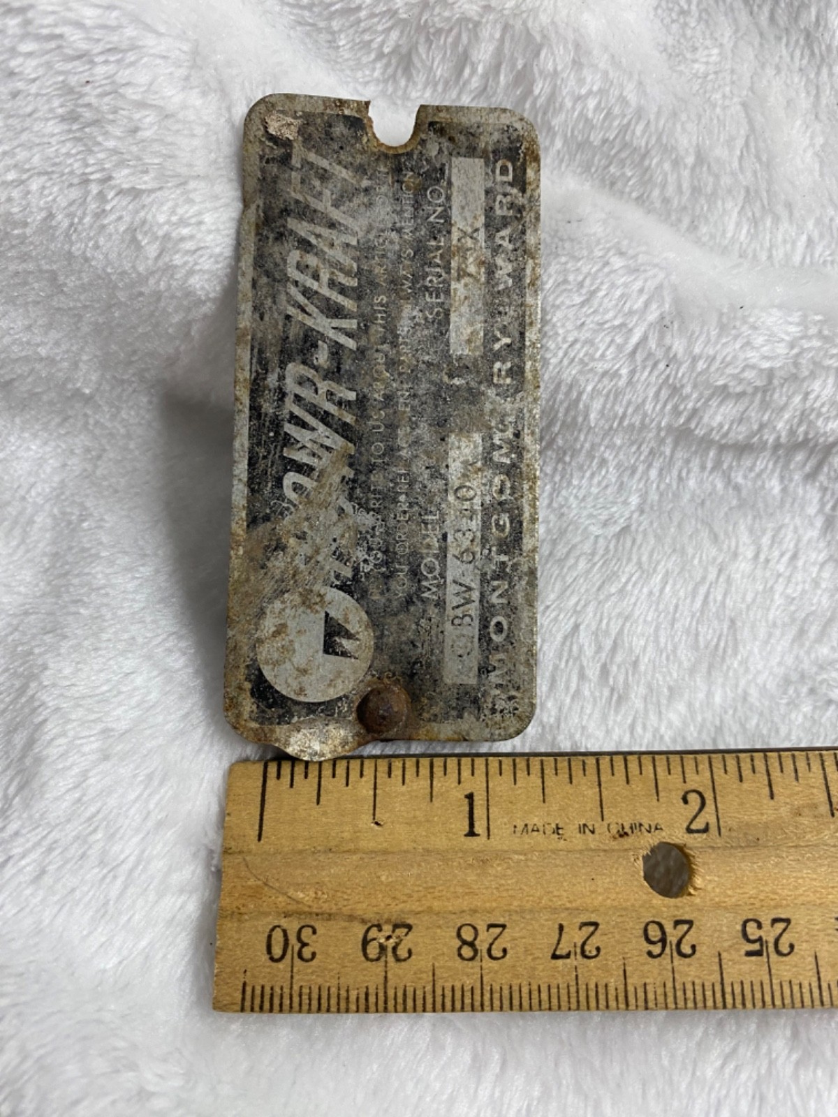 Vintage Powr-Kraft 3&Prime; x 1.5&Prime; Metal Tag (one rivet)
