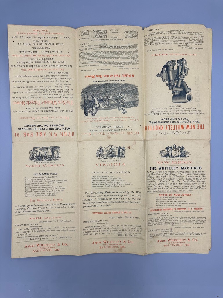 1891 Amos WHITELEY Farm HARVESTING MACHINES Mower Binder Advertising Circular