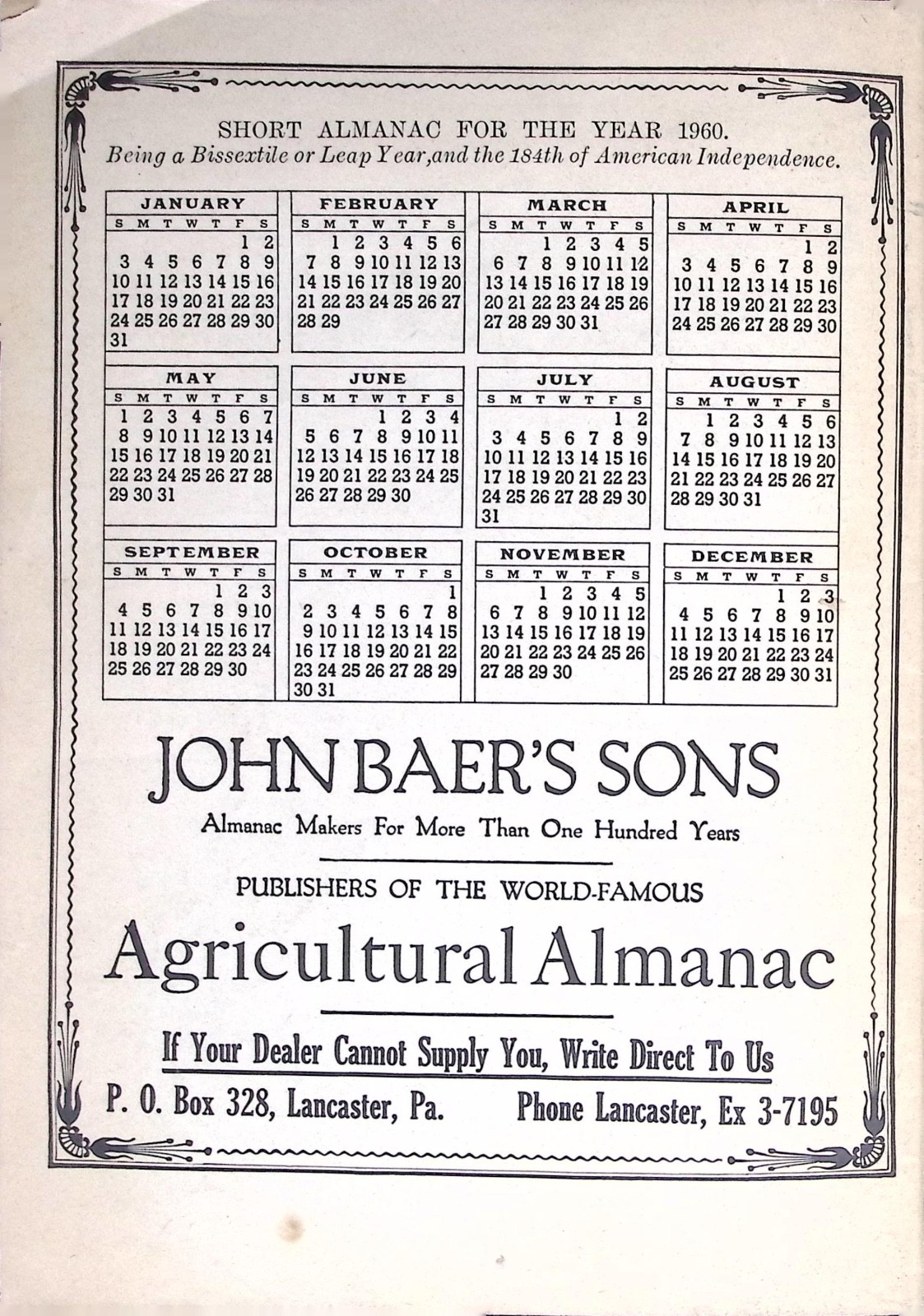 1960 John Baer’s Sons Agricultural Almanac Lancaster Pennsylvania 135th Volume