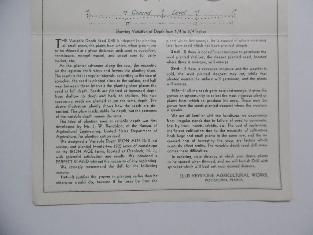 c.1940 Iron Age Variable Depth Seed Drill Catalog Sheet Ellis Keystone Vintage