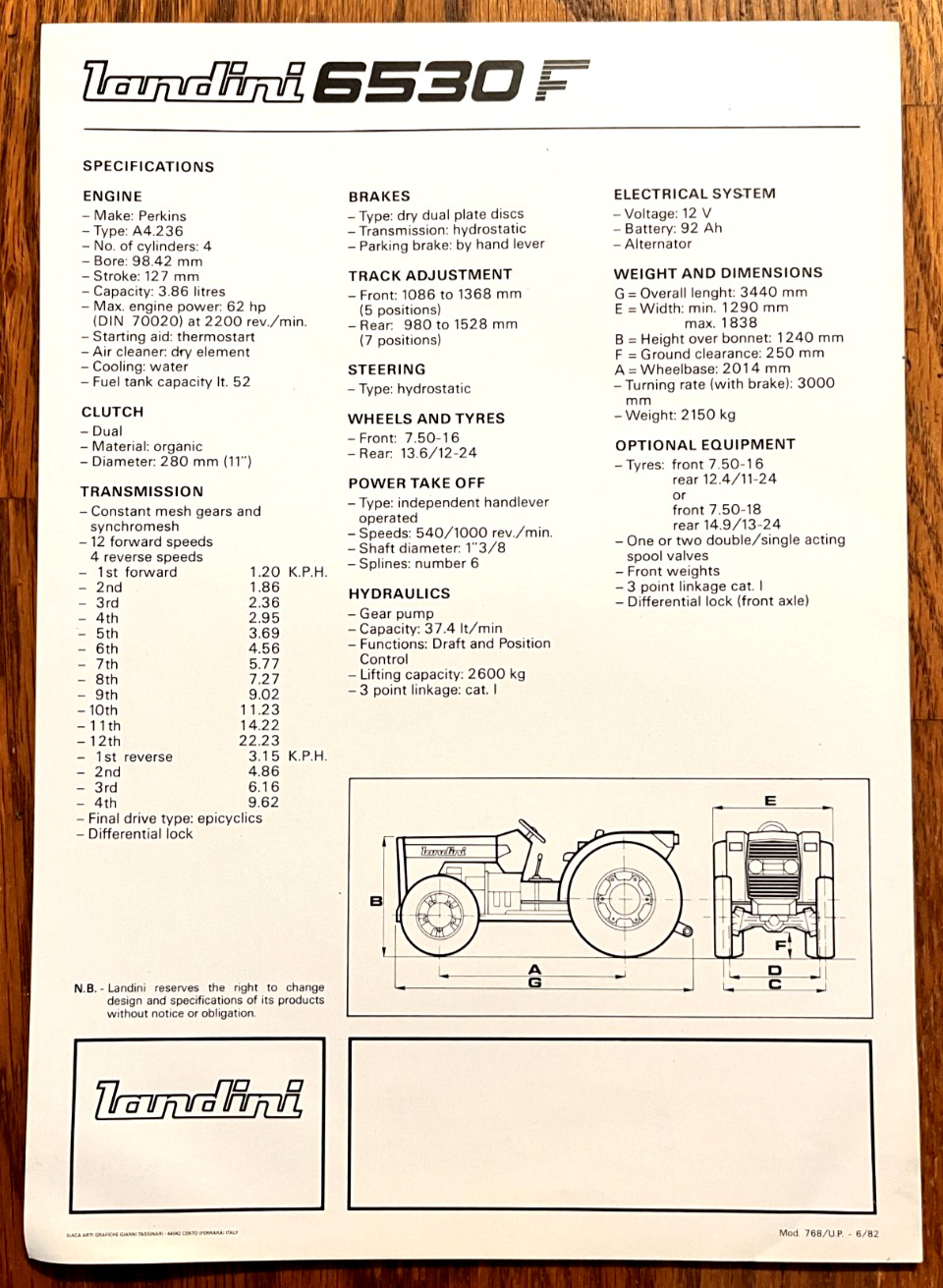 Landini 6530F Four Wheel Drive Tractor 1982 sales brochure