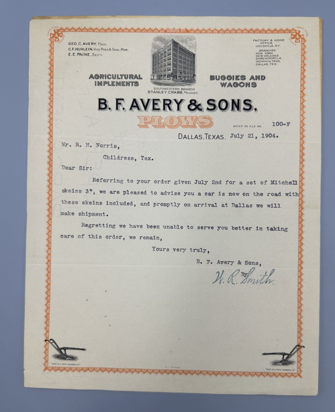 1904 B F AVERY & Sons PLOWS Letter DALLAS Texas FARM Advertising Receipt Antique