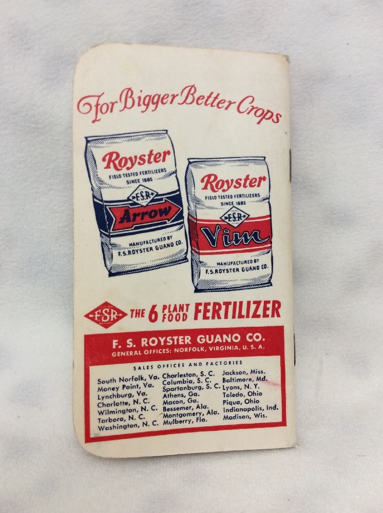 VINTAGE 1959 F.S. ROYSTER FERTILIZERS -Farmer&rsquo;s Note Pad w/Calendars