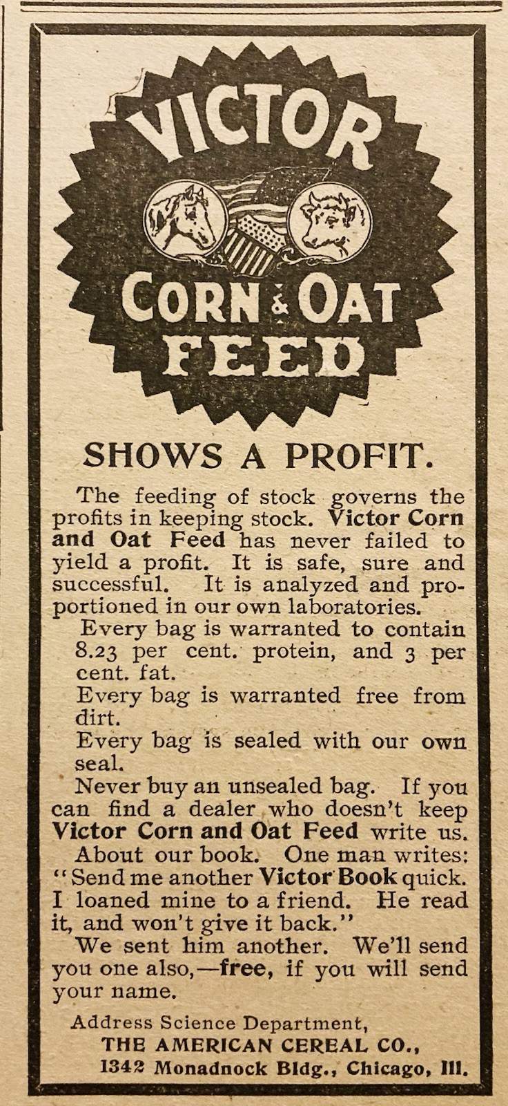 1900 AD.(XH82)~AMERICAN CEREAL CO. CHICAGO. VICTOR CORN AND OAT FEED