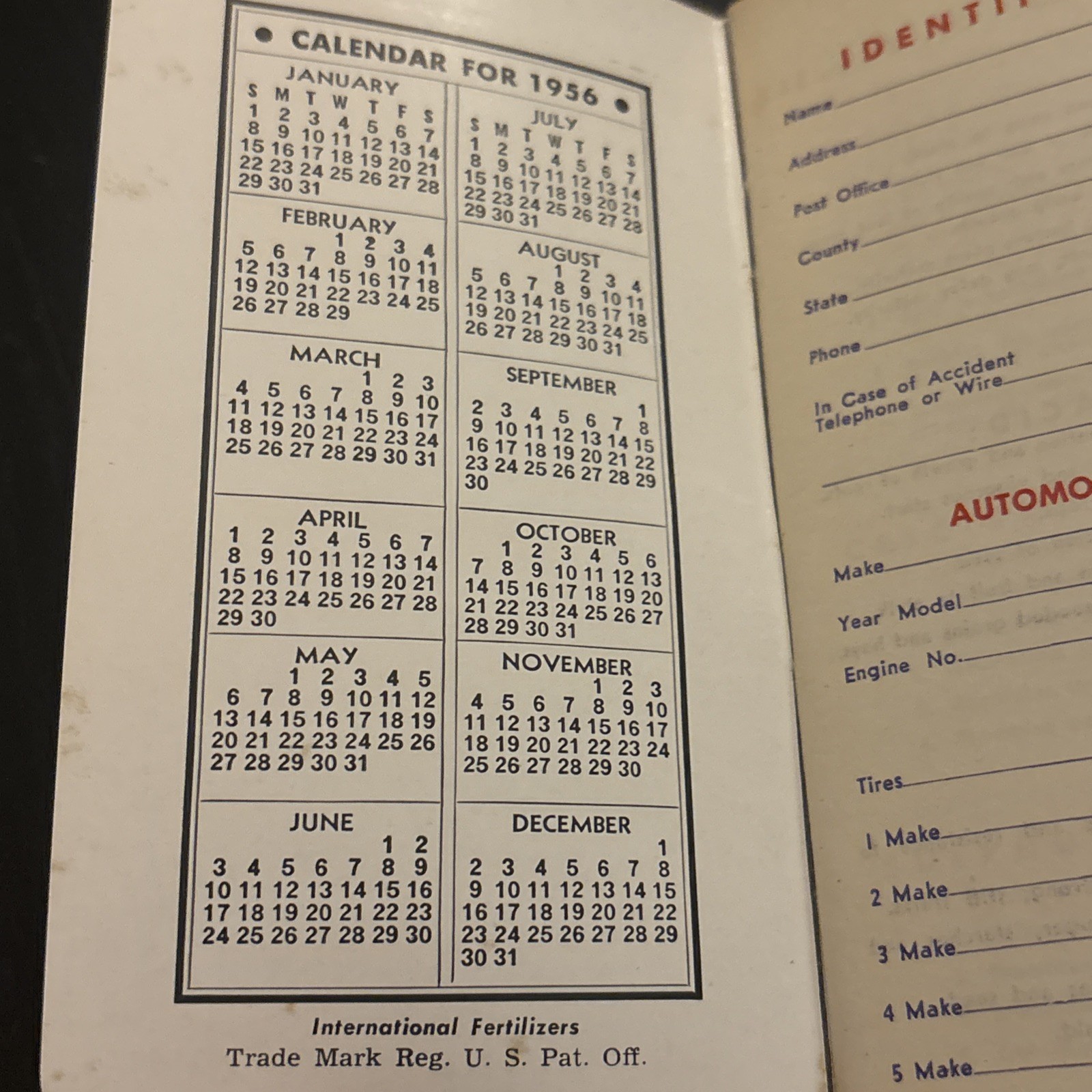 International Fertilizers Chicago Heights, IL (1956) Calendar Notepad