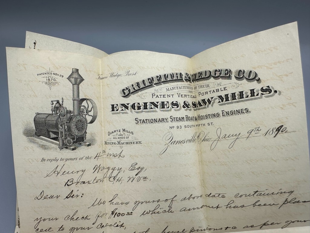 1890 Griffith & Wedge ENGINES SAW MILL Advertise FARM Postal Cover ZANESVILLE OH