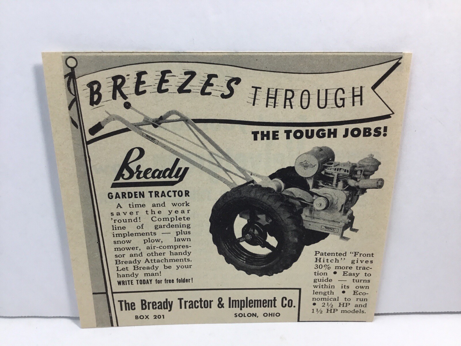 1949 Bready Garden Tractors, Breezes Though The Tough Jobs. Solon, OH. Print Ad.