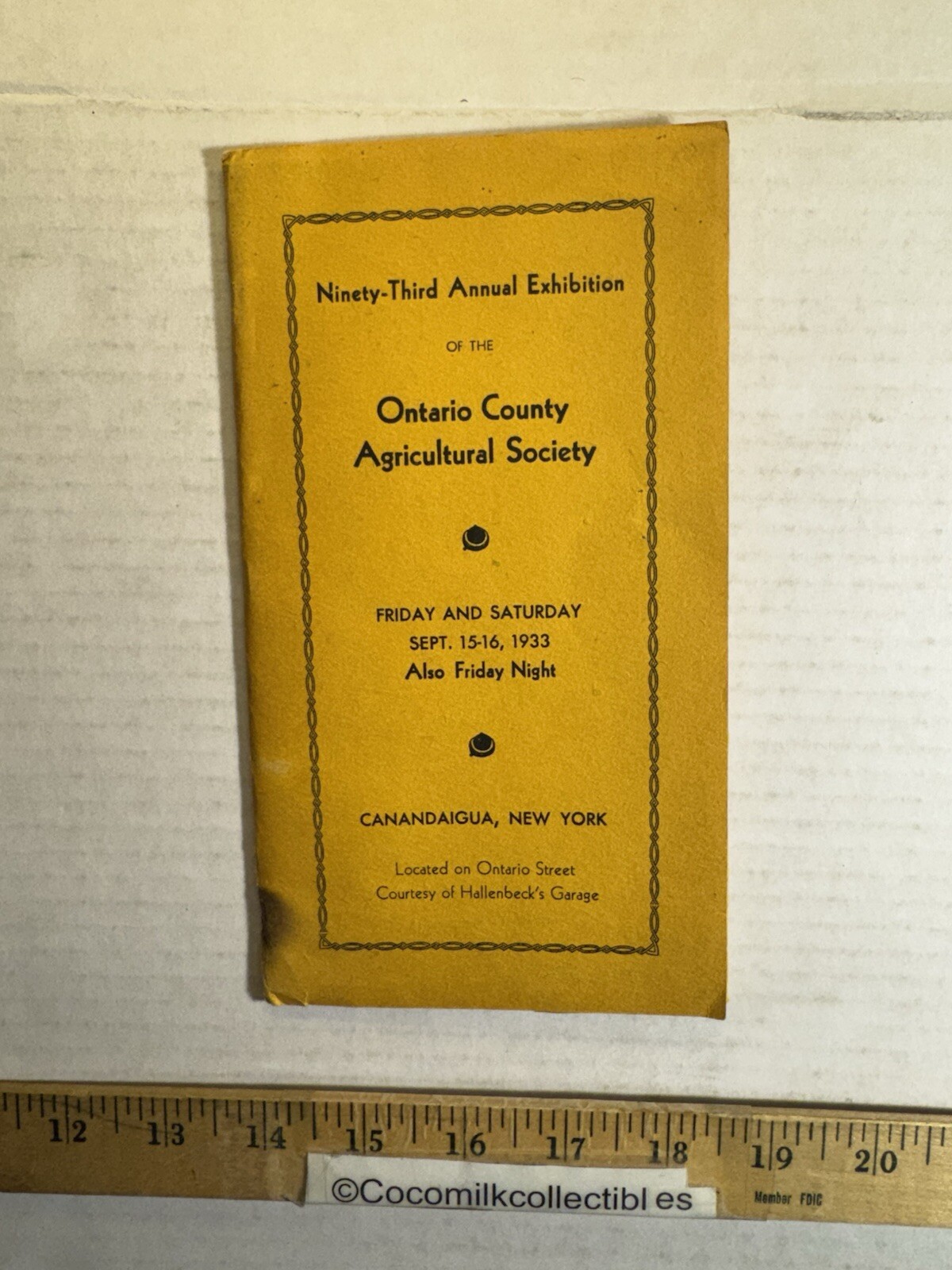 Vintage 1933 93rd Annual Exhibition of The Ontario County Agricultural Brochure