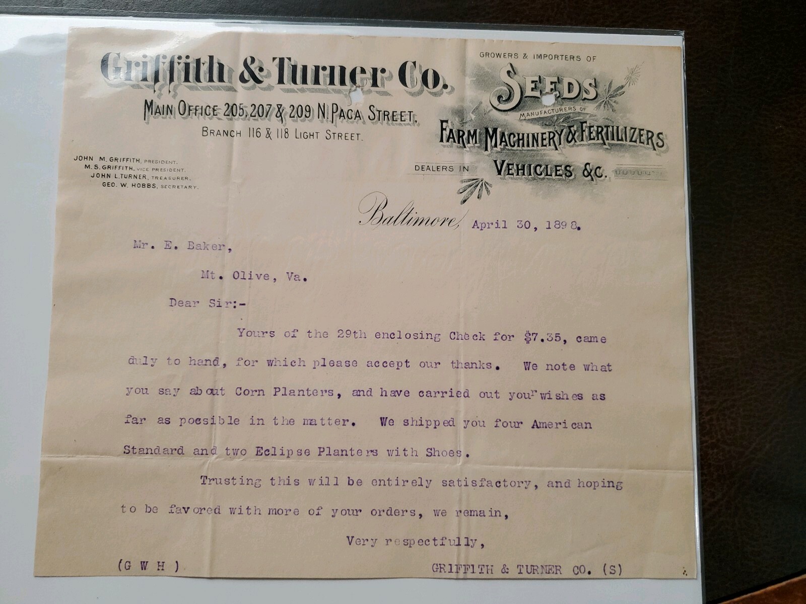 Vintage 1898 Griffith & Turner Seeds & Farm Machinery Baltimore Md Md Letterhead