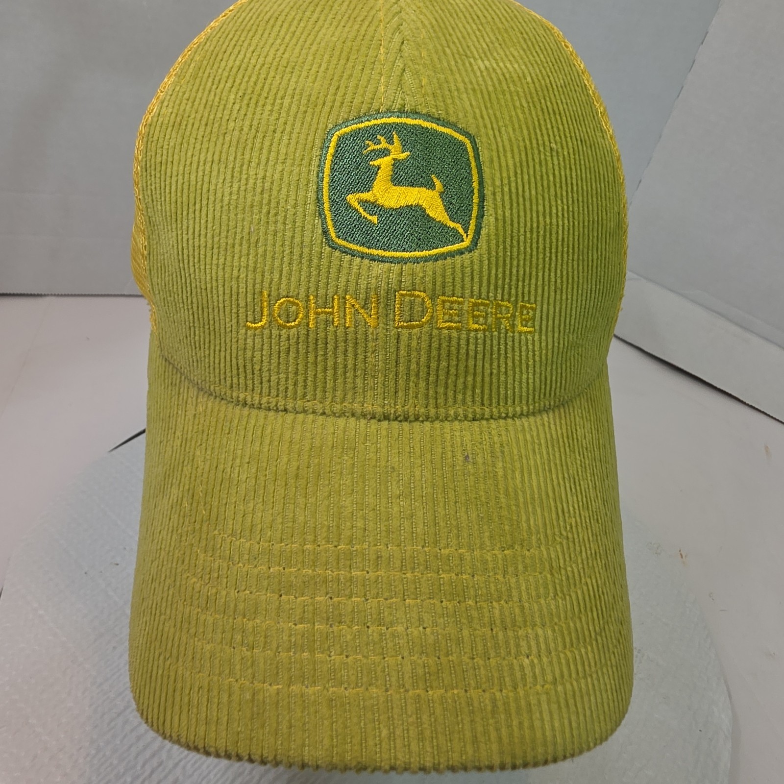 Green/yellow John Deere baseball cap hat knit front mesh back.. Corduroy Snapbac