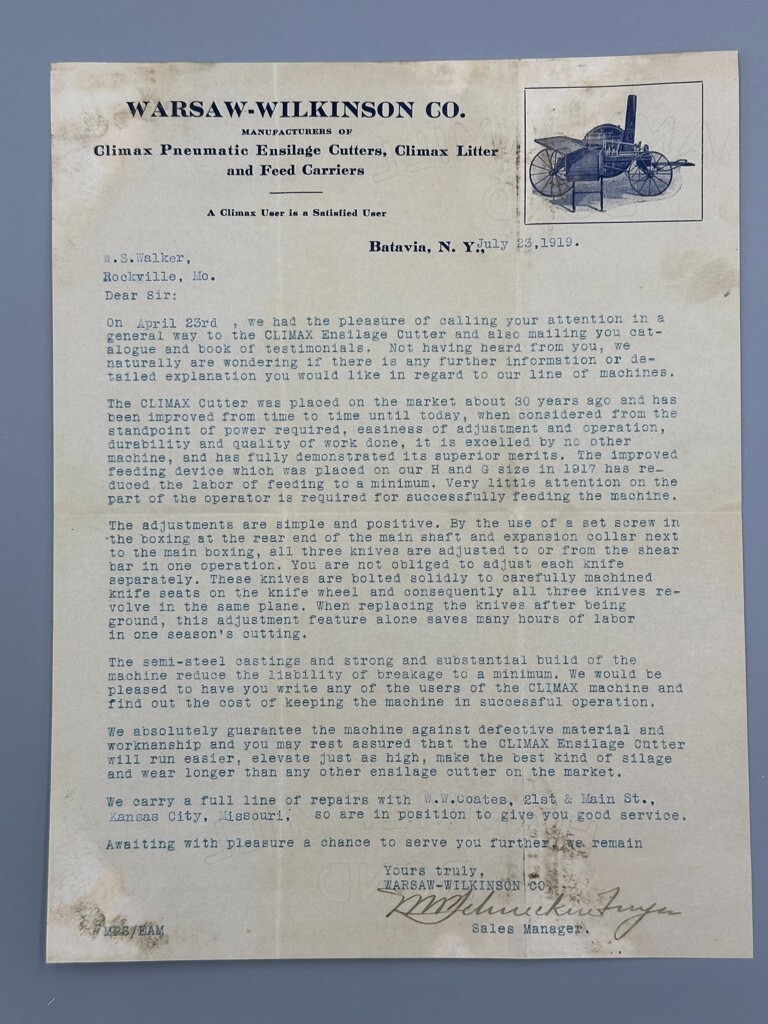 1919 WARSAW WILKINSON Climax Ensilage Cutters FARM Advertising Letter BATAVIA NY
