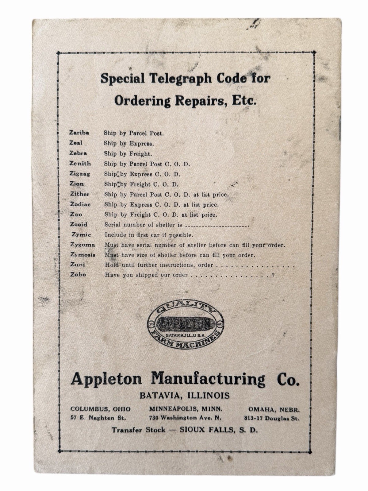Appleton Mfg Co Spring Corn Shellers Parts List Batavia Illinois c.1929