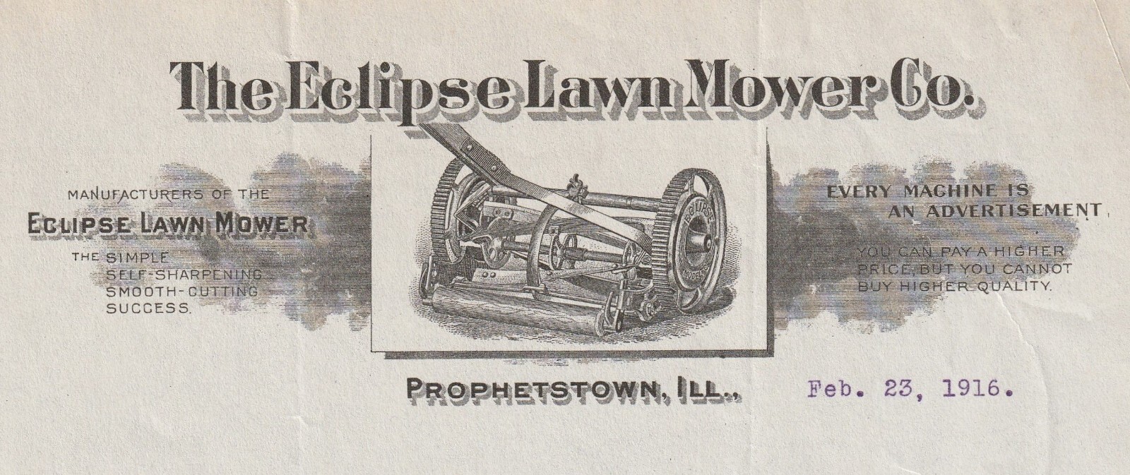 RARE Letterhead Billhead – Eclipse Lawn Mower reel- 1916 Prophetstown IL Graphic