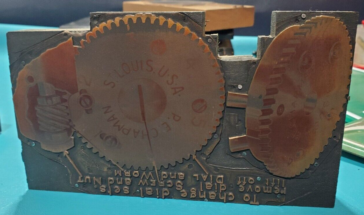 Vintage P.E. CHAPMAN Electric Gears Cogs St Louis Copper PRINTING PLATE Block