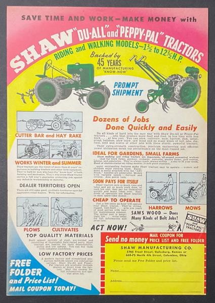 1948 Shaw Du-All & Peppy-Pal Walking or Riding Tractor AD Color Full page