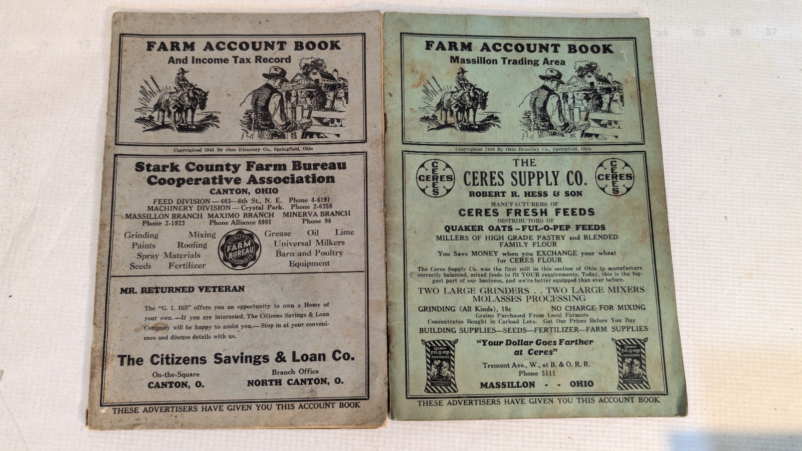 Lot 2 VTG Farm Account Book & Tax Record Springfield Oh Advertising 1940 & 45