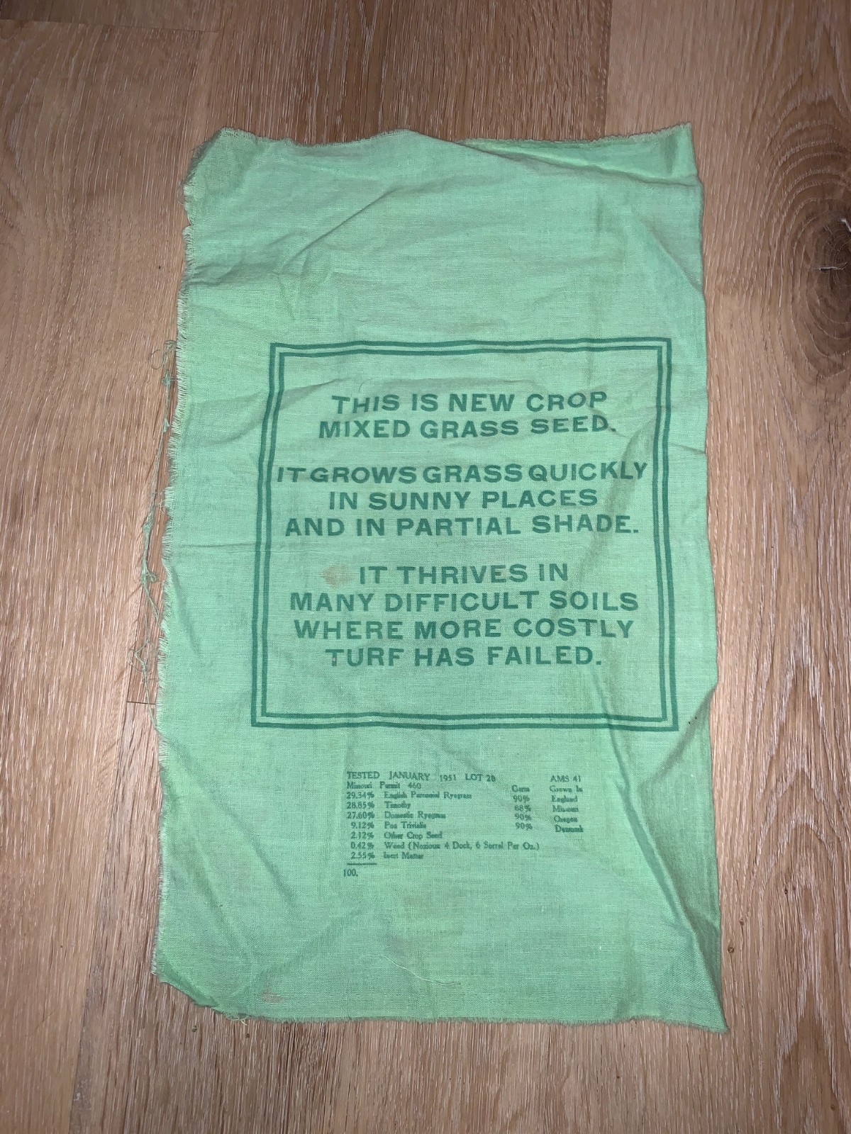 Vintage Mid Century Oxford Park Lawn Grass Seed Cotton Printed Bag 5lbs